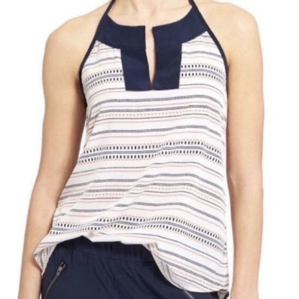 Athleta Women's White Striped Coastal Dunes Halter Tank Tassle Tie‎ Size XS